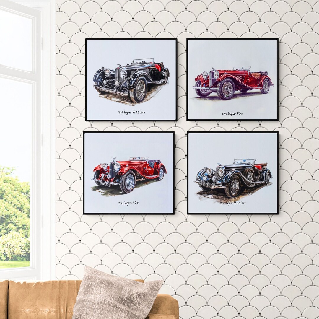 Cars Collection Print Jaguar Vintage Cars,set of 4 1930s Old Cars, Classic Car Art Prints ...