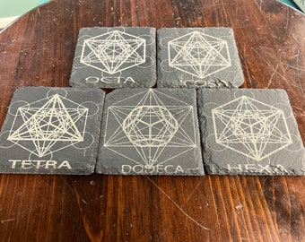 Etched slate platonic solid coaster set (5)