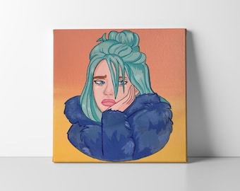 Dibujo animado de Billie Eilish hecho a mano: lienzo acrílico (20 x 20 cm)