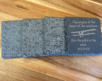 Laser Etched Slate Aviation Coaster Set, Pilot Gift