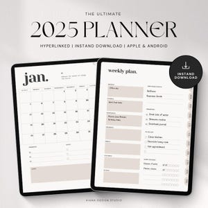 Puede incluir: Un planificador digital para 2025 con una vista de calendario mensual y una vista de planificador semanal. El calendario mensual muestra el mes de enero. El planificador semanal tiene secciones para tareas diarias, cuidado personal, crecimiento empresarial y una lista de tareas pendientes. El planificador está diseñado para su uso en dispositivos Apple y Android.