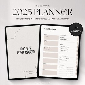 May include: A digital planner for 2025 with a weekly plan layout. The planner has a light brown background with black text and a black and white abstract design. The text "2025 PLANNER" is in a large, bold font. The text "weekly plan" is in a smaller font. The planner includes sections for daily tasks, self-care, business growth, and weekly goals. The planner also includes a section for tracking habits, such as drinking water, skincare, and gratitude journaling.