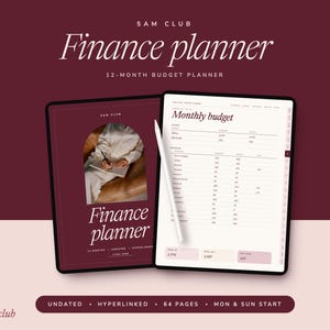 May include: A digital 12-month finance planner by 5AM Club featuring a dark burgundy cover with an arched photo insert and a white stylus resting on an open page displaying a monthly budget table with columns for income and expenses.