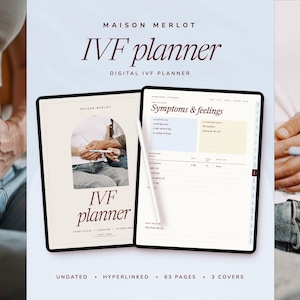 Op de afbeelding: Een digitale IVF-planner weergegeven op een tabletscherm met een stylus. De interface bevat secties voor symptomen en gevoelens, inclusief tekstkoppen zoals Maison Merlot, IVF planner en Symptoms & feelings, met een lichtbeige en blauw kleurenschema.