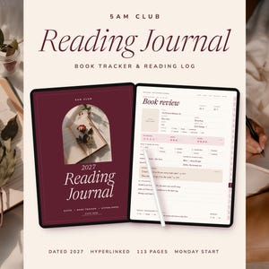 May include: A digital 2027 Reading Journal displayed on a tablet screen. The left side shows a dark red cover with an arched image of a rose, while the right side displays a book review template with fields for ratings and notes.