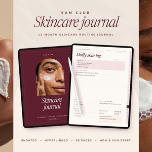 May include: A digital skincare journal displayed on a tablet screen with a white stylus. The journal cover features a maroon background with a portrait of a person applying cream. The interior page shows a daily skin log with text and checkboxes.