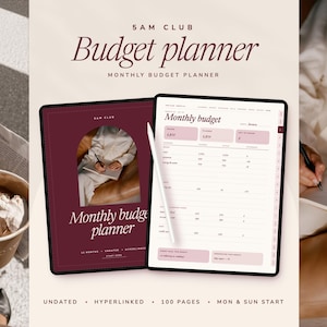May include: A digital budget planner displayed on a tablet screen with a white stylus. The interface features a dark red cover page and a light-colored monthly budget spreadsheet with columns for income, planned expenses, and remaining funds.