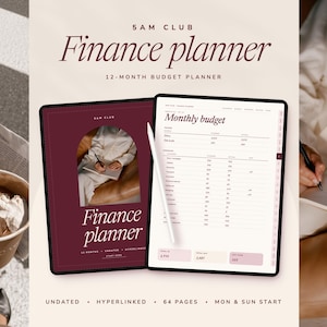 May include: A digital 5 AM Club Finance planner displayed on two screens. The left screen shows a dark red cover with an arched photo, while the right screen shows a monthly budget spreadsheet. A white stylus rests on the right screen.