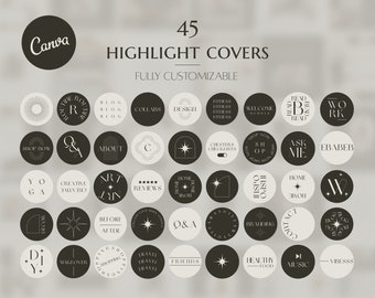 Puede incluir: Un conjunto de 45 cubiertas de destacados de Instagram en blanco y negro con varios textos e iconos. El texto incluye palabras como "Shop Now", "Ask Me", "Home", "Travel", "Healthy Food" y "Music". Los iconos incluyen estrellas, corazones y formas geométricas.