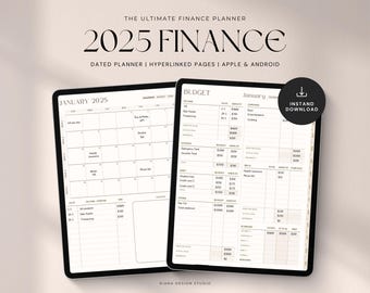 Puede incluir: Una tableta digital que muestra un planificador financiero 2025 con secciones de calendario y presupuesto. El planificador está diseñado para dispositivos Apple y Android e incluye páginas con hipervínculos. El texto "INSTANT DOWNLOAD" es visible en la esquina superior derecha.