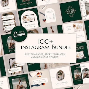 以下が含まれることがあります： 100種類以上のInstagram投稿、ストーリー、ハイライトカバーテンプレートのコラージュ。テンプレートは、緑とクリームの色合いで、モダンでミニマルなデザインを採用しています。「100+ Instagram Bundle」というテキストは、大きく太字で表示されています。