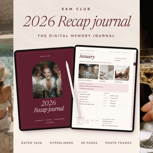 May include: A digital 2026 Recap journal displayed on two tablet screens with a stylus. The left screen shows a dark red cover with an arched photo frame, while the right screen displays a January monthly layout with text and photo placeholders.