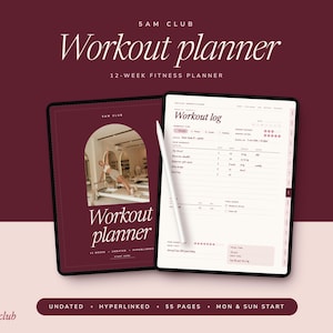 Könnte beinhalten: Ein digitaler 5AM Club Trainingsplaner, dargestellt auf zwei Tablet-Bildschirmen mit einem weißen Eingabestift. Der Planer hat ein dunkel-kastanienbraunes Cover mit einem Bogenfoto und eine helle Innenseite mit Trainingsprotokoll und Feldern.
