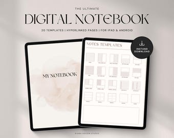 May include: Two digital notebooks displayed on a light background. The text "THE ULTIMATE DIGITAL NOTEBOOK" is at the top. One notebook shows "MY NOTEBOOK" and the other displays "NOTES TEMPLATES" with various layout options. A black circle with "INSTANT DOWNLOAD" is on the right.