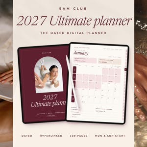 May include: A digital planner titled 5AM CLUB 2027 Ultimate planner, featuring a dark red cover with a photo of a person and a light-colored January calendar page. The planner includes 109 pages, is dated, hyperlinked, and has a Monday and Sunday start.