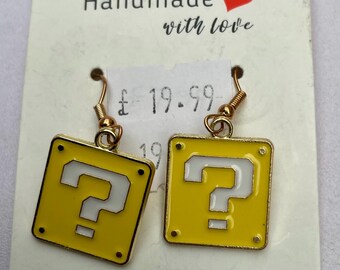 Metal Yellow Question Mark Super Mario Block Earrings