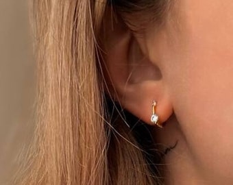 Two Stone Earrings-Gold Earrings-Round Minimalist Earrings-Dainy Silver Hoops-Gemstone Earrings-925 Sterling Silver-Gift-Waterproof Earrings