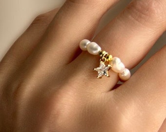 Pearl Ring-Heart Pendant-Stone-Natural Pearl-Star-Handmade-Ball Ring-Small Heart - Gift-Minimal-Minimalistic Jewerly-Waterproof Ring