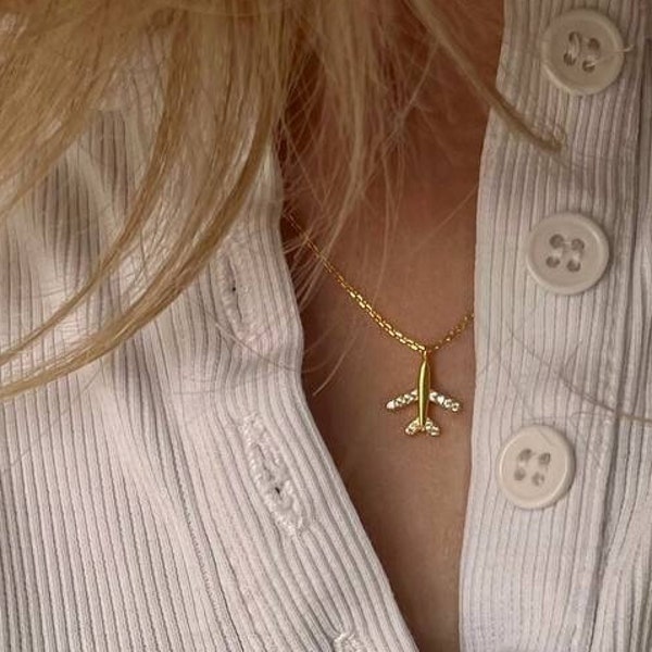 Plane Necklace -  Jewerly - Minimalistic - Solid Sterling Silver 925 -  18k Vermeil Gold Ring - World Traveler Gift -Dainty Airplane Pendant