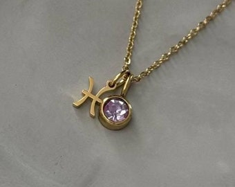 Pisces Necklace-Zodiac Necklace with Birthstone-Pisces Constellation-Pisces Symbol Necklace-Horoscope Necklace-Perfect Gift-Never Blackens