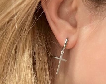 Sterling Silver Cross Earrings-Minimalist Silver Earrings-Waterproof Jewerly-Everyday Earrings-Charm Cross Huggie Hoops-Unisex Hoops-EAR25