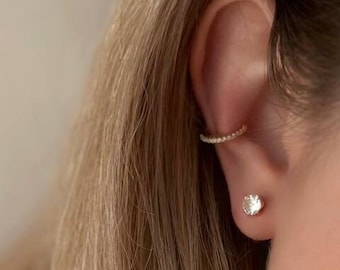 Ohrmanschette Nicht durchbohrt-Damen 925 Sterling Silber-Conch Ohrmanschette- Mono Ohrmanschetten-Weiß Zirkon-Wasserdicht Schmuck-Dünne Ohrmanschette-Fake Piercings