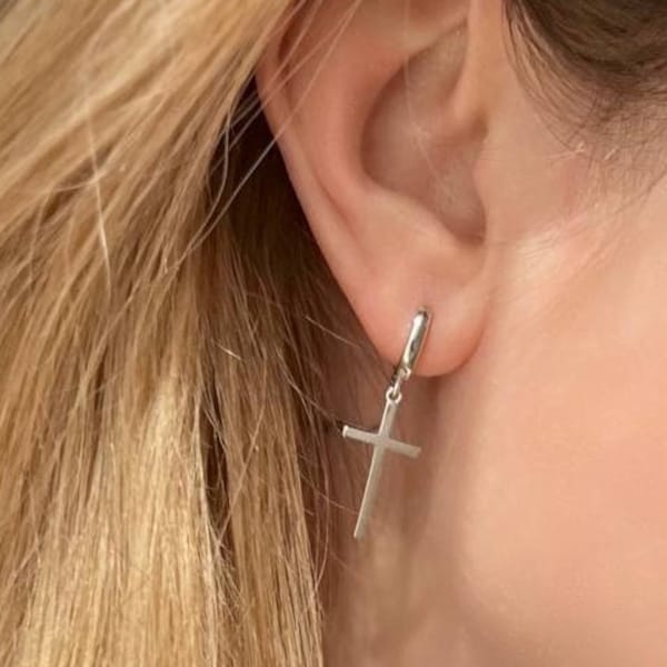 Sterling Silver Cross Earrings -Minimalist Silver Earrings- Waterproof Jewerly -Everyday Earrings- Charm Cross Huggie Hoops -Unisex Earrings