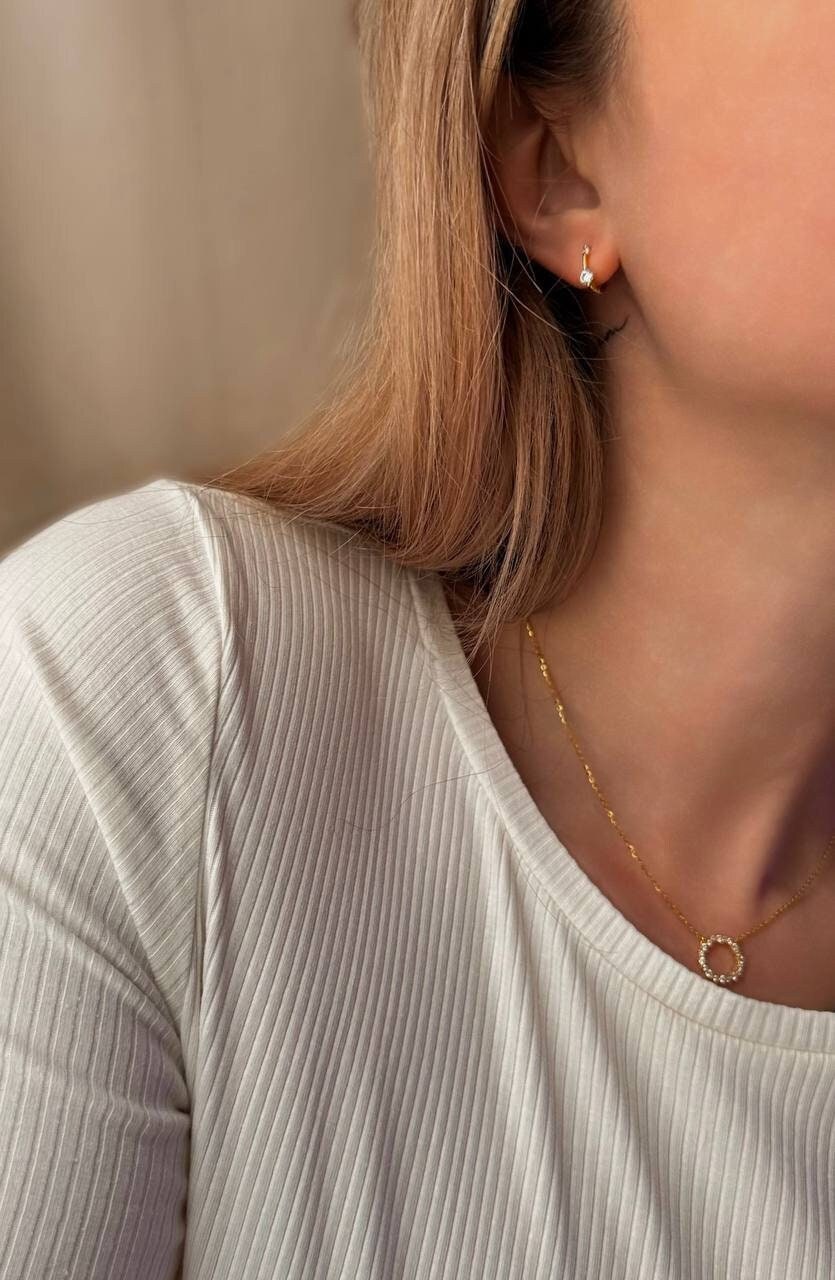 Twee stenen oorbellen-gouden hoepels-ronde minimalistische hoepels-sierlijke zilveren hoepels-edelsteen oorbellen-925 sterlingzilver-cadeau-waterdichte oorbellen-EAR2