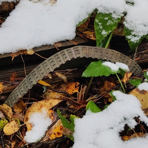 Puede incluir: Primer plano de una correa de distribución de caucho marrón que yace sobre un lecho de hojas caídas y nieve. La correa está parcialmente cubierta de nieve y hojas.