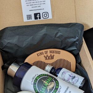 Beard box set. Beard oil, beard butter, shampoo and comb gift set.