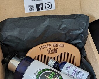 Bartboxen-Set. Bartöl, Bartbutter, Shampoo und Kamm-Geschenkset.