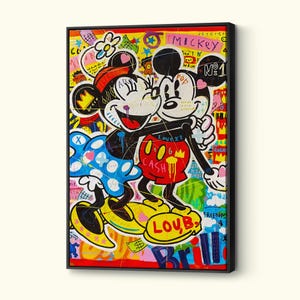 Mickey Mouse and Minnie Pop Art Canvas, Banksy Hugging Graffiti Wall Art, Cartoon Couple Artwork, High Quality Print Poster, Home Wall Decor
