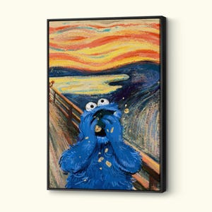 Cookie Monster Canvas, Edvard Munch divertente arte murale, parodia di Scream, graffiti, poster di stampa di alta qualità, decorazione da parete per la casa con fumetti