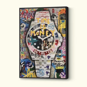 Graffiti Rolex Canvas Art, Orologio di lusso da parete, Il tempo è denaro, Poster di stampa di alta qualità, Arredamento per la casa in stile Banksy, Pronto da appendere