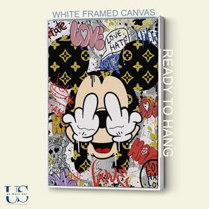 Mickey Mouse Pop Art Canvas, Middle Finger Wall Art, Funny Cartoon Graffitti Artwork, High Quality Print Poster,Banksy Style Home Wall Decor