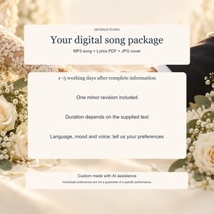 Puede incluir: Una tarjeta de informaci&oacute;n de paquete de canci&oacute;n digital de Decenus Studio con el texto: Your digital song package, MP3 song + Lyrics PDF + JPG cover, 1-5 working days after complete information, One minor revision included, Duration depends on the supplied text, Language, mood and voice: tell us your preferences, Custom made with AI assistance, Voice/style preferences are not a guarantee of a specific performance.
