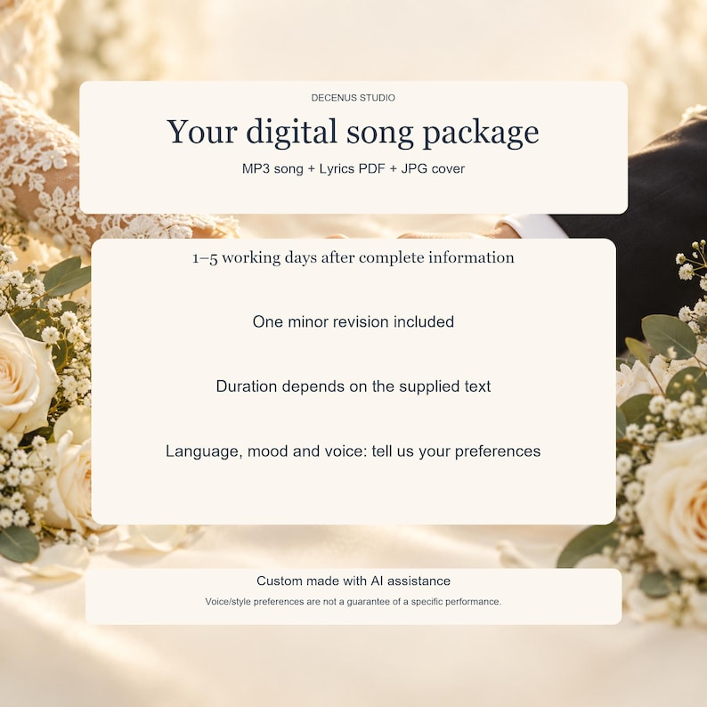 Puede incluir: Una tarjeta de informaci&oacute;n de paquete de canci&oacute;n digital de Decenus Studio con el texto: Your digital song package, MP3 song + Lyrics PDF + JPG cover, 1-5 working days after complete information, One minor revision included, Duration depends on the supplied text, Language, mood and voice: tell us your preferences, Custom made with AI assistance, Voice/style preferences are not a guarantee of a specific performance.