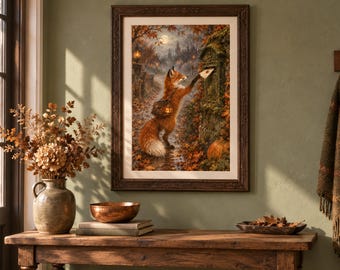 May include: A framed wall art print depicting a red fox standing on a path covered in autumn leaves, placing a letter into an old stone mailbox. The fox wears a small satchel with a glowing jack-o'-lantern face, set against a dark, misty forest.