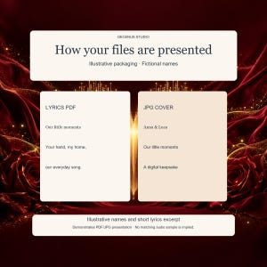 May include: A digital file presentation guide featuring two white rectangular panels on a dark red rose background. The text reads: How your files are presented, LYRICS PDF, Our little moments, Your hand, my home, our everyday song, JPG COVER, Anna & Luca, Our little moments, A digital keepsake.