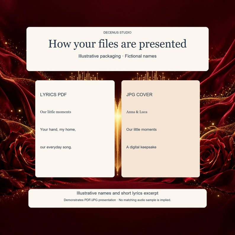 May include: A digital file presentation guide featuring two white rectangular panels on a dark red rose background. The text reads: How your files are presented, LYRICS PDF, Our little moments, Your hand, my home, our everyday song, JPG COVER, Anna & Luca, Our little moments, A digital keepsake.