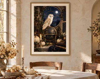 May include: A framed wall art print featuring a barn owl perched atop a celestial globe. The scene includes white pumpkins, a lit candle, and ivy against a dark night sky with a full moon visible through a circular window, all in a gold frame.