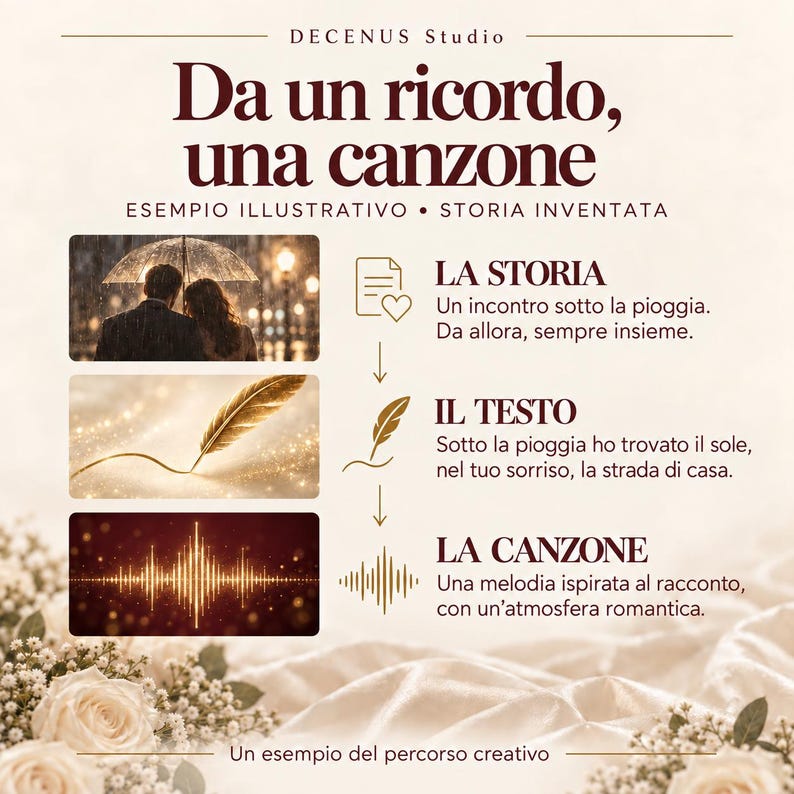 Puede incluir: Un gr&aacute;fico titulado Decenus Studio Da un ricordo, una canzone. Presenta tres im&aacute;genes rectangulares que muestran a una pareja bajo un paraguas, una pluma dorada y una onda sonora. El texto incluye La storia, Il testo y La canzone.