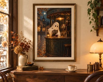 Spökbarista med kaffe, Halloween-tryck i vintagestil att ladda ner