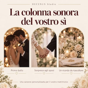 Puede incluir: Un gr&aacute;fico promocional de Decenus Studio con tres paneles arqueados que muestran a una pareja bailando, tomados de la mano y una mesa de boda con anillos. El texto incluye 'La colonna sonora del vostro s&igrave;', 'Primo ballo', 'Sorpresa agli sposi', 'Un ricordo da riascoltare' y 'Una canzone personalizzata per il vostro matrimonio'.