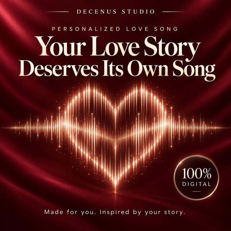 May include: A digital graphic with a deep red background featuring a glowing gold sound wave shaped like a heart. Text reads: DECENUS STUDIO, PERSONALIZED LOVE SONG, Your Love Story Deserves Its Own Song, 100% DIGITAL, Made for you. Inspired by your story.