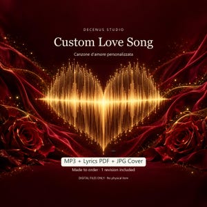 May include: A digital graphic featuring a golden sound wave shaped like a heart, surrounded by deep red velvet fabric and two dark red roses. Text reads: DECENUS STUDIO, Custom Love Song, Canzone d'amore personalizzata, MP3 + Lyrics PDF + JPG Cover.