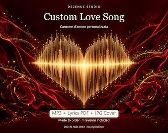 Puede incluir: Un gráfico digital con una onda sonora dorada en forma de corazón, rodeada de tela de terciopelo rojo intenso y dos rosas de color rojo oscuro. El texto dice: DECENUS STUDIO, Custom Love Song, Canzone d'amore personalizzata, MP3 + Lyrics PDF + JPG Cover.