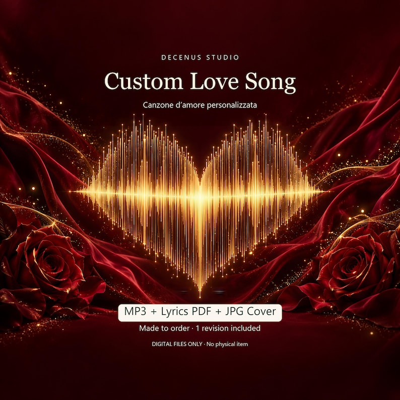 May include: A digital graphic featuring a golden sound wave shaped like a heart, surrounded by deep red velvet fabric and two dark red roses. Text reads: DECENUS STUDIO, Custom Love Song, Canzone d'amore personalizzata, MP3 + Lyrics PDF + JPG Cover.