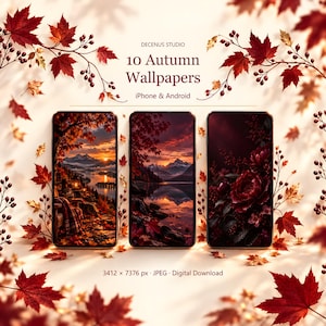 Op de afbeelding: Drie smartphones met digitale herfstachtergronden, omringd door rode esdoornbladeren en bessen. De tekst luidt: DECENUS STUDIO, 10 Autumn Wallpapers, iPhone & Android, 3412 x 7376 px, JPEG, Digital Download. De schermen tonen berglandschappen.