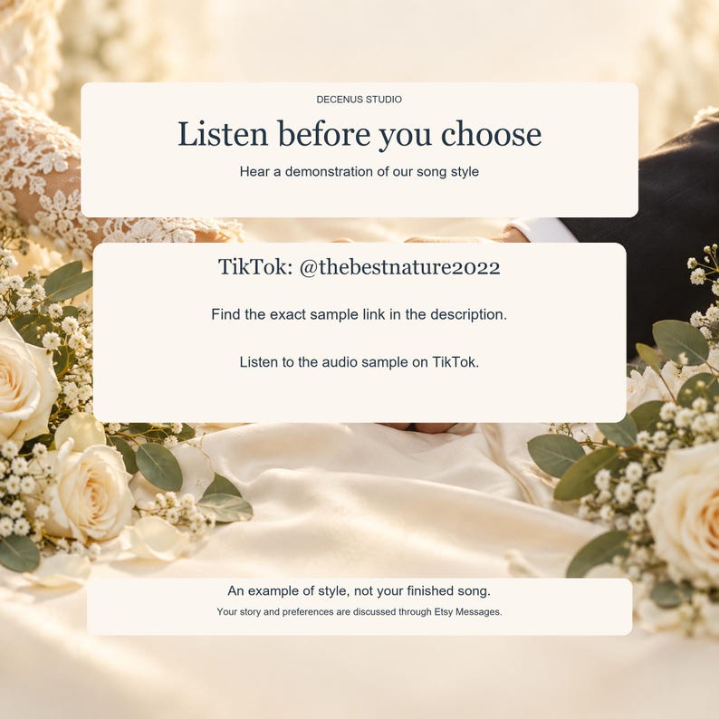 Puede incluir: Un letrero rectangular blanco con texto negro que dice: DECENUS STUDIO, Listen before you choose, Hear a demonstration of our song style, TikTok: @thebestnature2022, Find the exact sample link in the description, Listen to the audio sample.